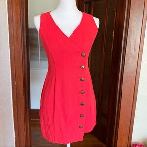 Vintage Red Mini Dress 90s Wrap Fitted Gold Button Crisscross Back USA Size 7